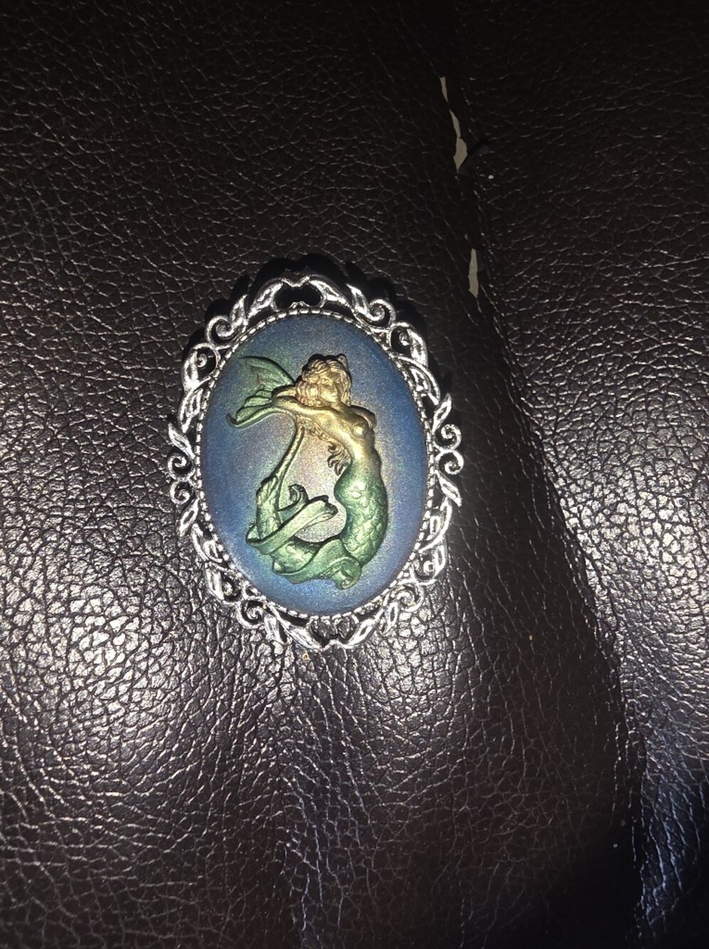 Unisex Resin Mermaid Brooch In Blue & Green With Silver Tone Frame